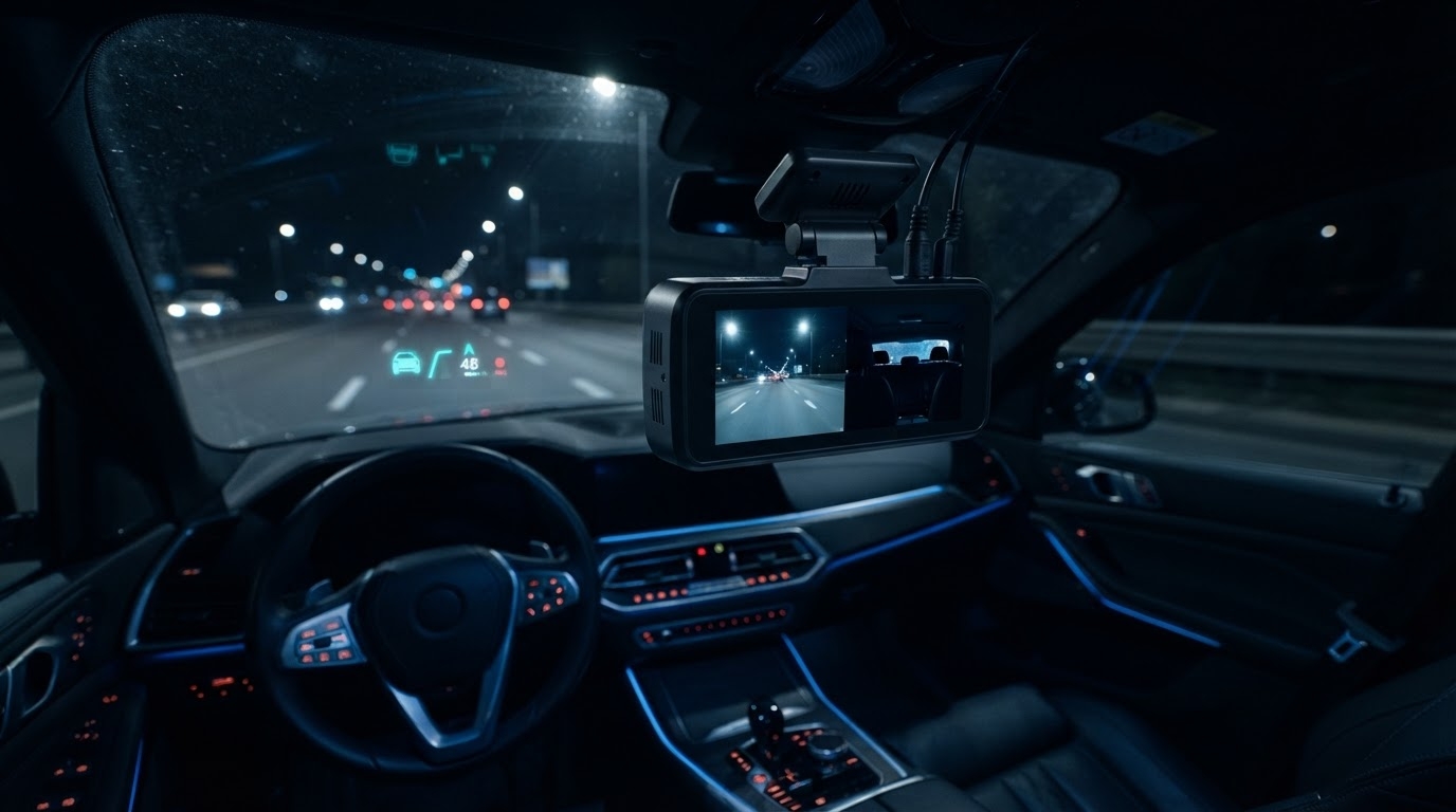 RAADTRACK 4G dashcam mounted on a vehicle windshield with live front and rear camera views